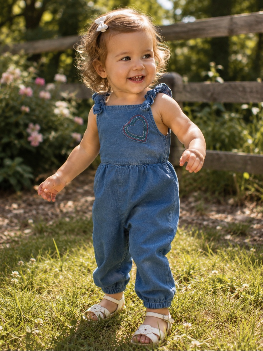 Baby Boden Blue Denim Heart-Detail Toddler Romper